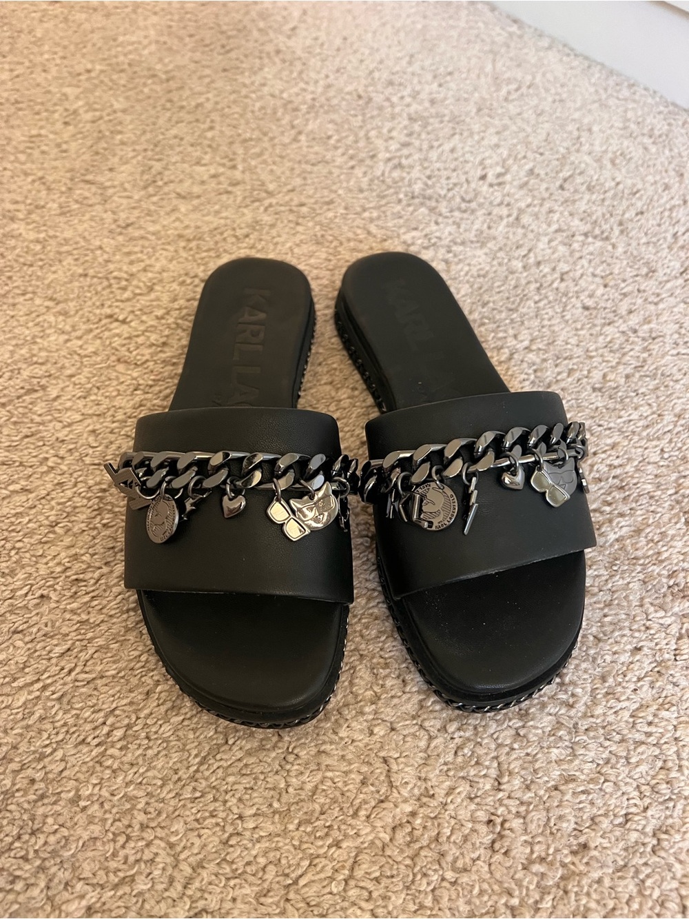 Karl Lagerfeld Black Slide Mules with Silver Chain Charms